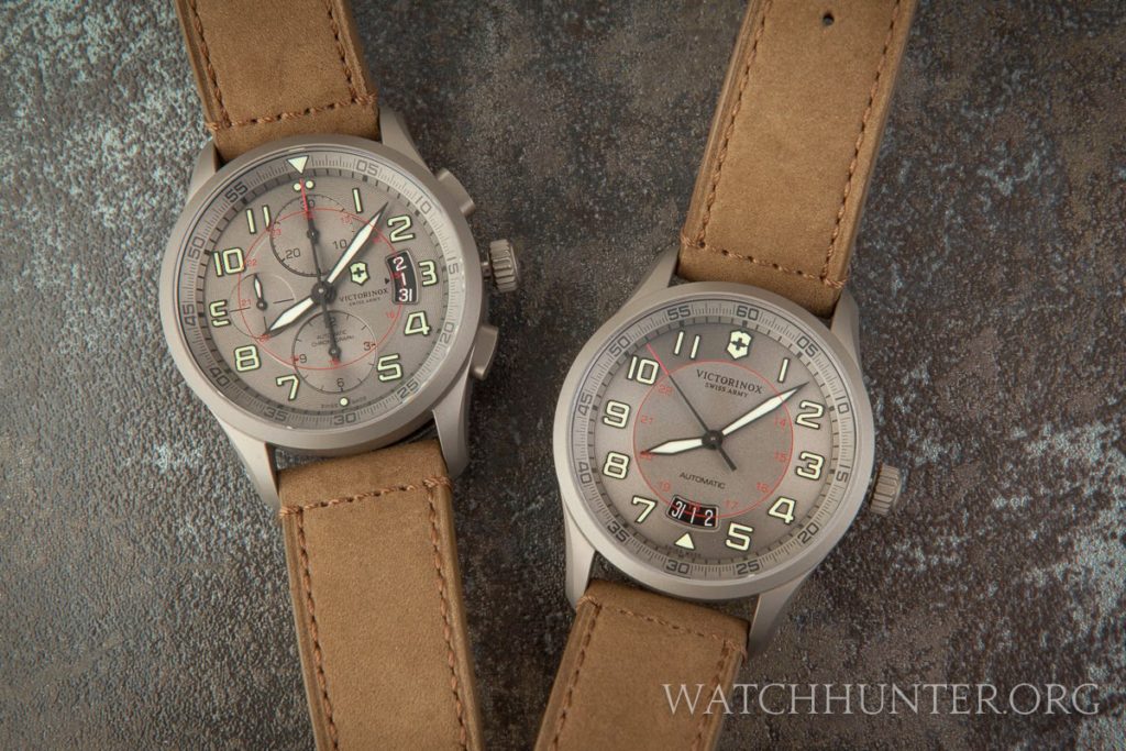 Two limited edition Victorinox Swiss Army titanium mechanical Airboss watches seldom seen together