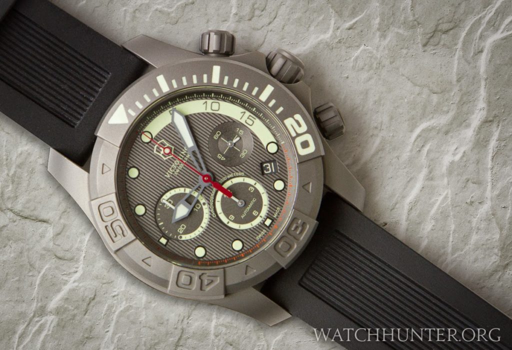 Black rubber dive strap shown on a limited edition Dive Master 500 Titanium Chronography by Victorinox Swiss Army