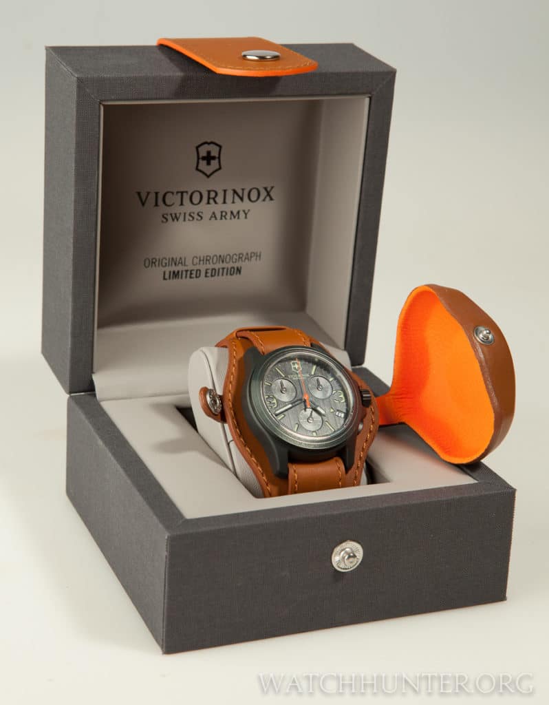 The limited edition watch has a gray linen display box with a matching leather belt