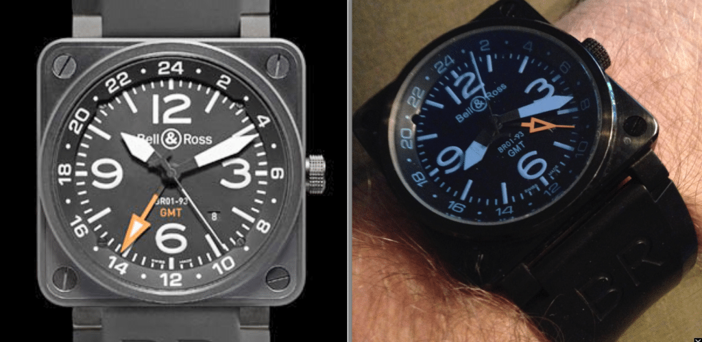 A real Bell & Ross GMT on the left and a fake on the right.