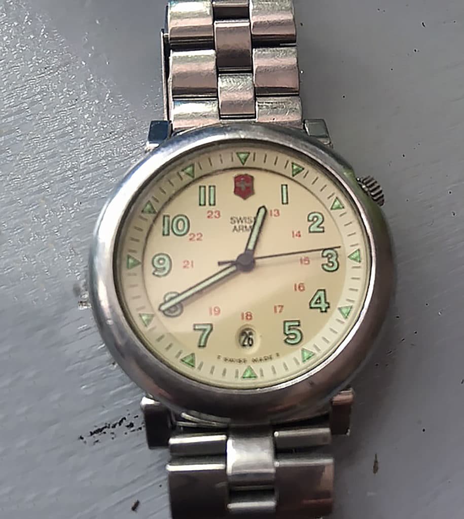 A very early Swiss Army watch with pivotal lugs and offset crown called the Delta