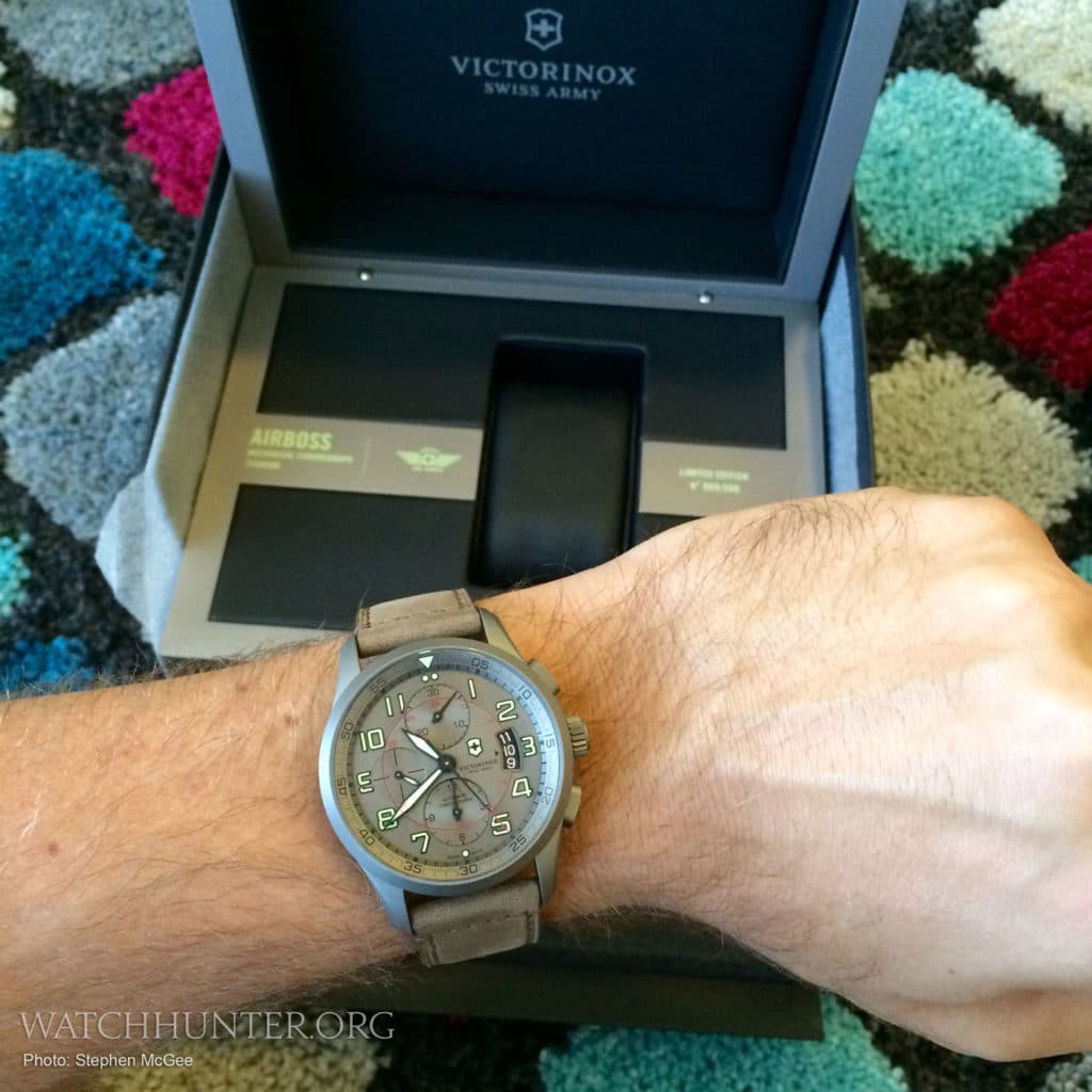 Victorinox Swiss Army Airboss Titanium Chronograph in front of display box. Model #241599. Photo: Stephen McGee