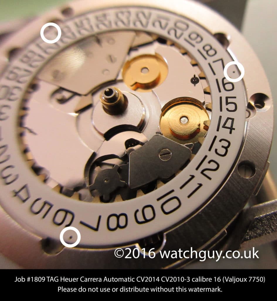 3 dots appear on some Valjoux 7750 chrono movements. Photo: www.watchguy.co.uk