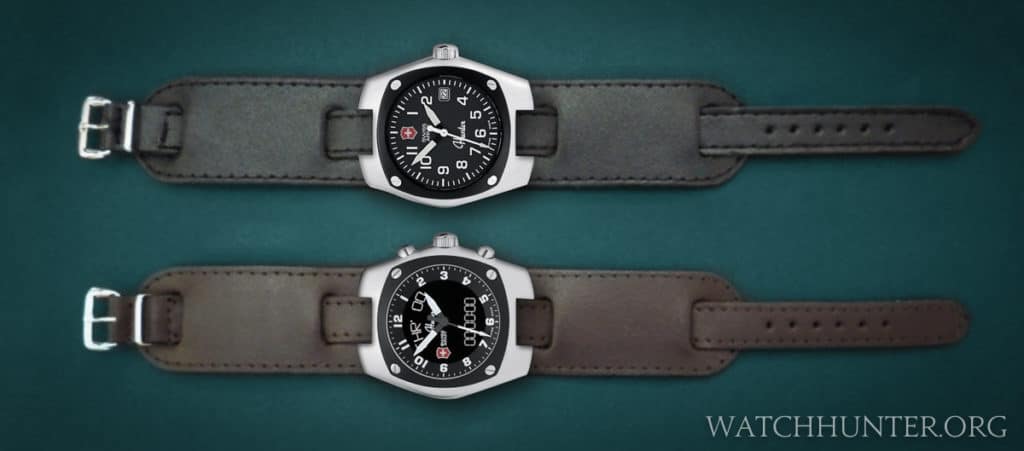 My early digital mockups of Victorinox Swiss Army Hunter watches on bund straps with a thin center strap.