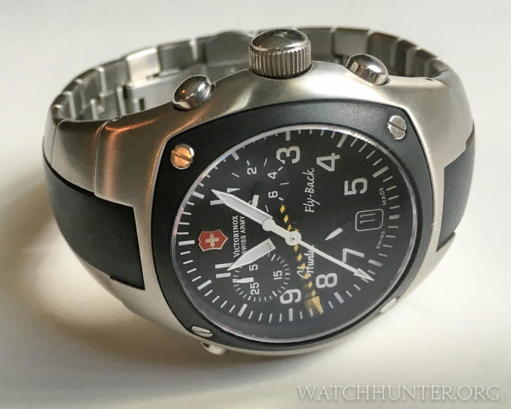 The Victorinox Swiss Army Hunter Mach 2 with a metal/plastic hybrid bracelet looks great, but wears tight.