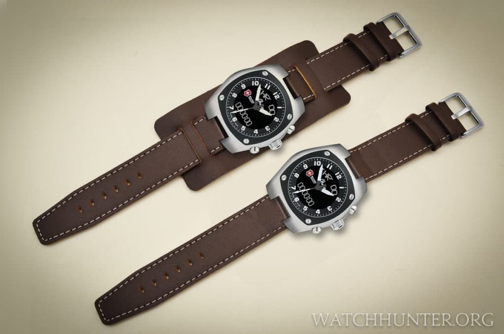 Concept of a Swiss Army Hunter Mach 3 on a leather bund strap with and without the cuff