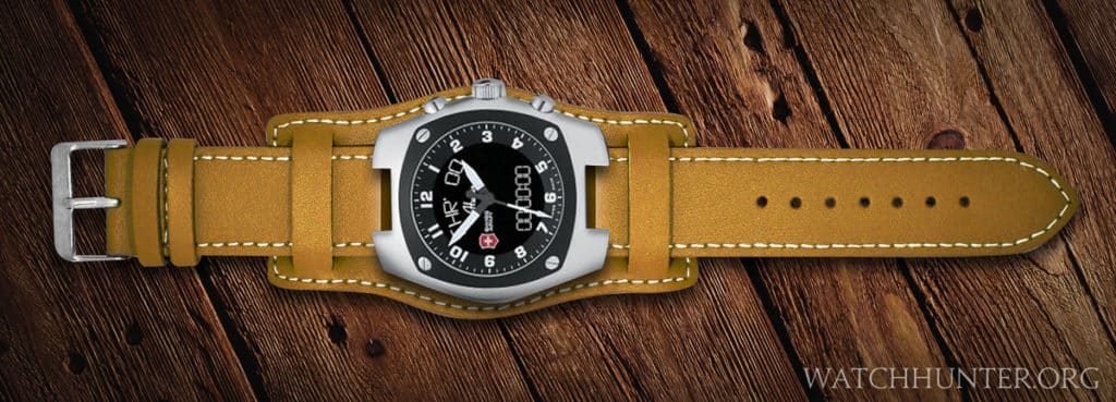 A concept of a Swiss Army Mach 3 digital/analog watch on a thick leather bund strap.