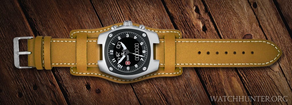 A concept of a Swiss Army Mach 3 digital/analog watch on a thick leather bund strap.