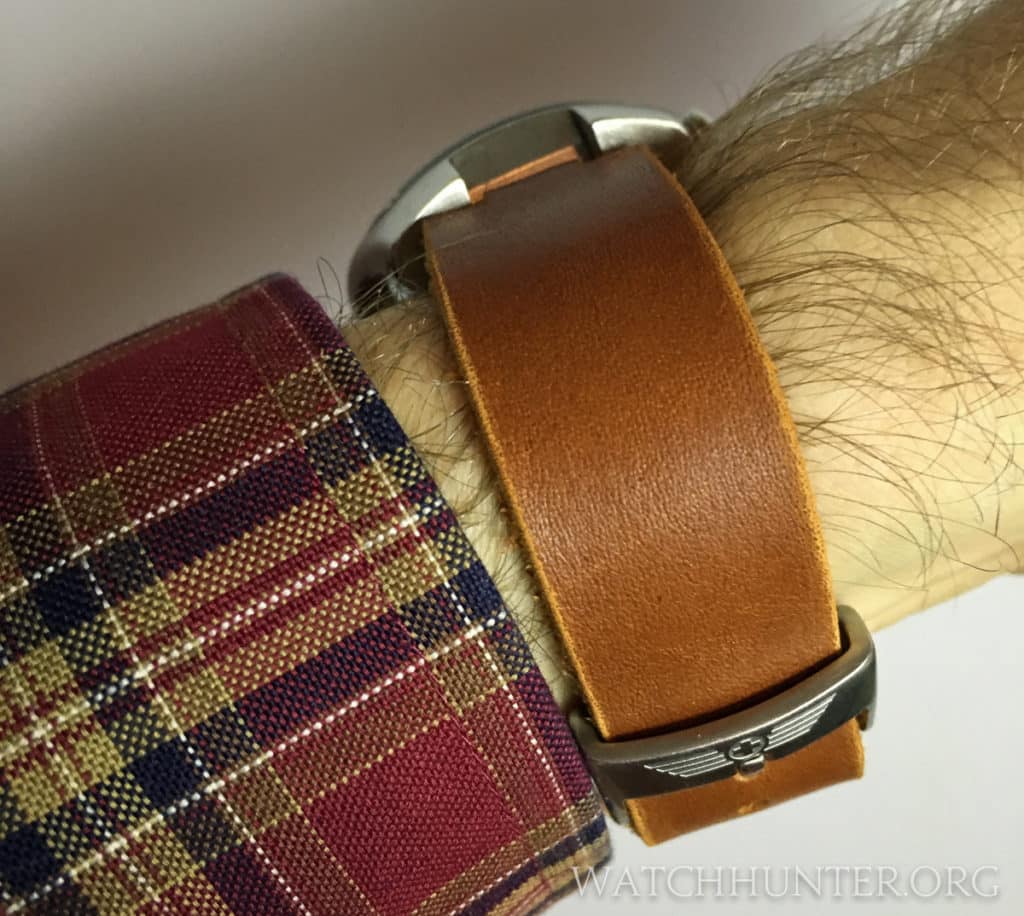 The side view of a modified Horween leather strap on a Victorinox Swiss Army Hunter chronograph