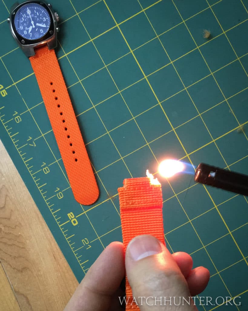 Flames fix the edges on my frayed nylon watch band.