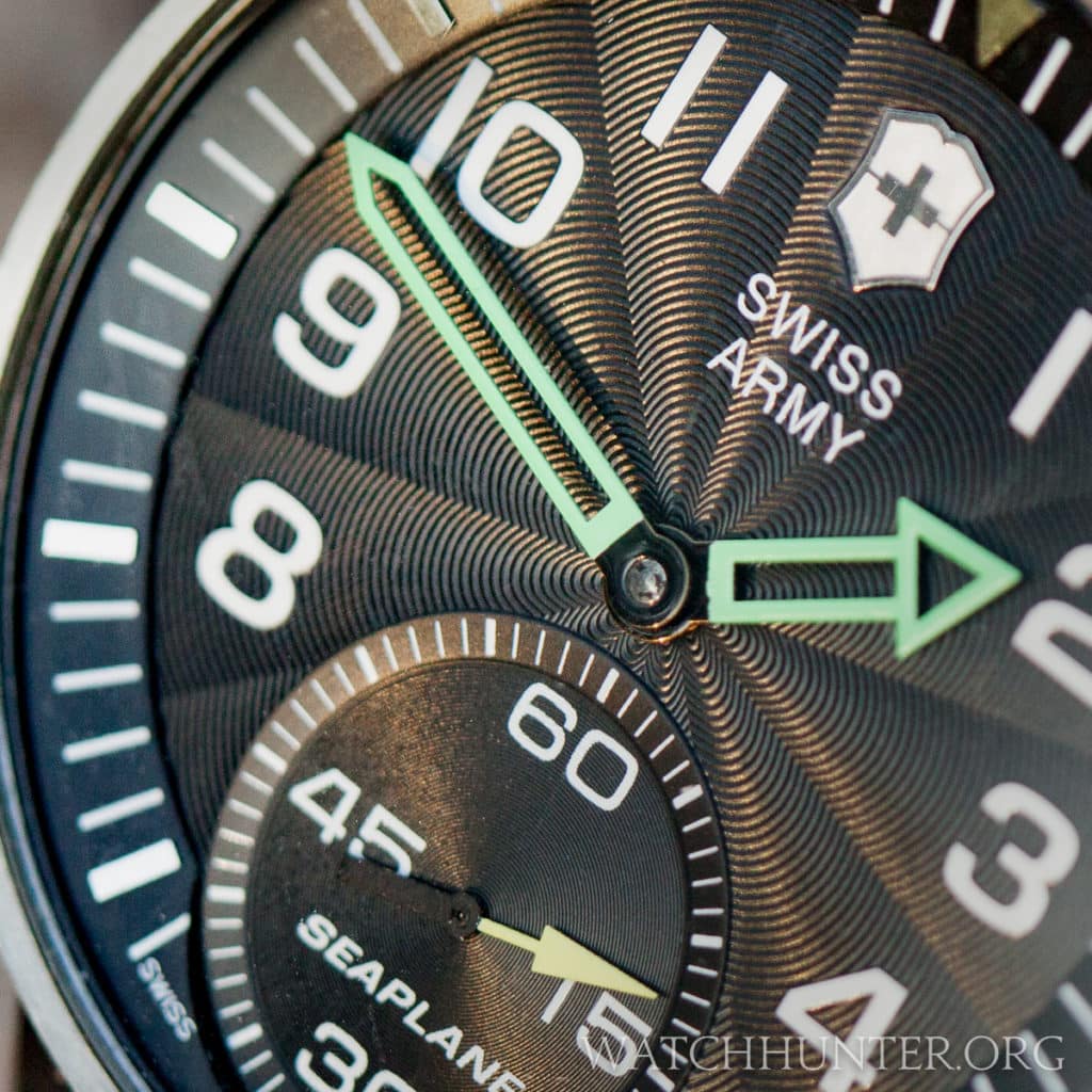 The guilloche dial of the Victorinox Swiss Army SeaPlane XL Mechanical is magical.