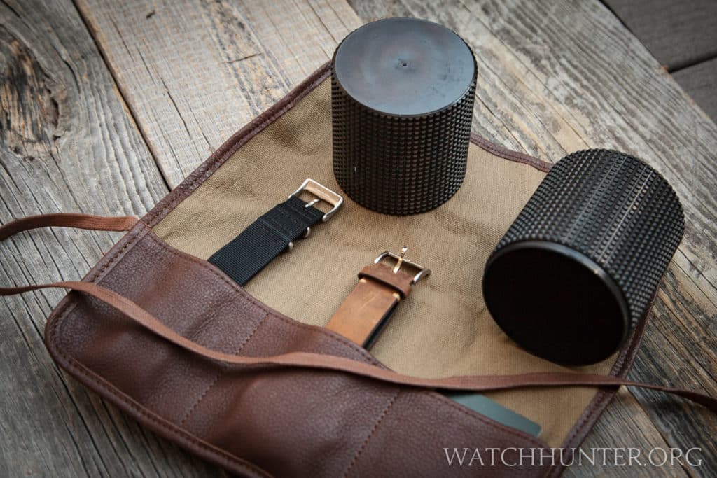 A reusable watch roll stores your watch and accessories. The watch roll came in the plastic tube.