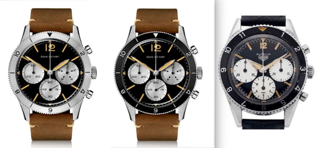 Both models of the Dan Henry 1963 Chronograph compared to a first gen. Heuer Autavia.