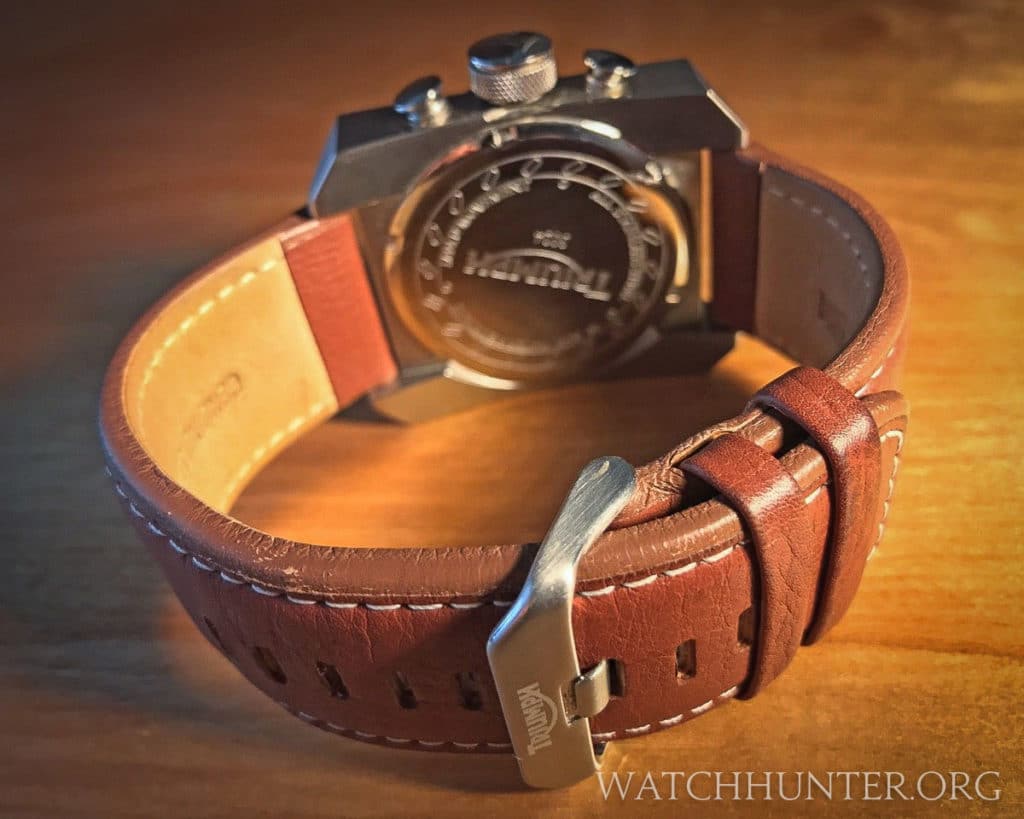 The British tan leather watch band has contrast stitching and a signed buckle. Photo: Scott Dorman