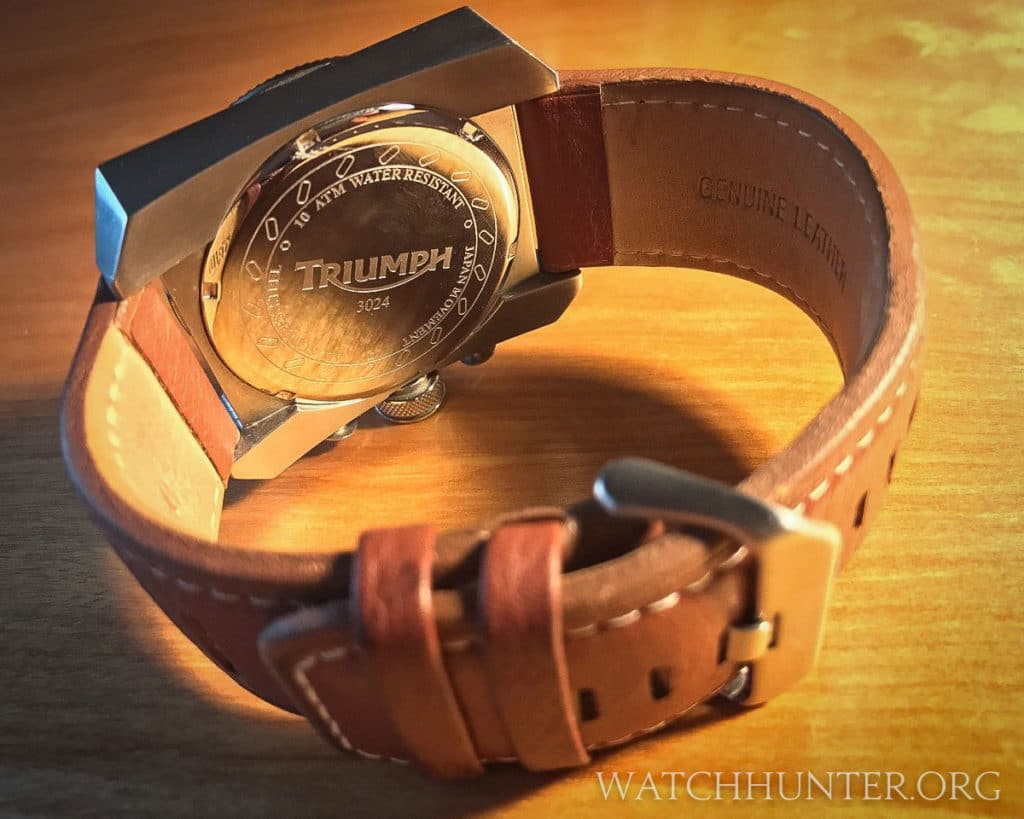 The case back is branded with the Triumph logo. Photo: Scott Dorman