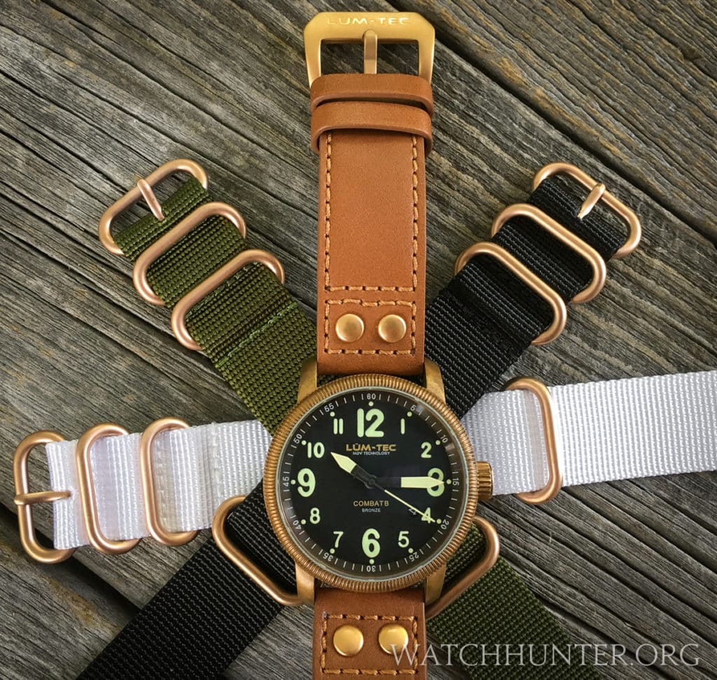 All of the watch bands included with the Lum-Tech Combat B18 bronze have matching hardware.