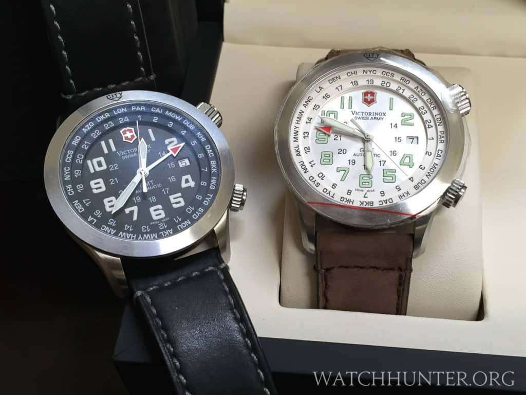 The 2 versions of the Swiss Airforce Airboss Mach V GMT. Photo: Scott Dorman