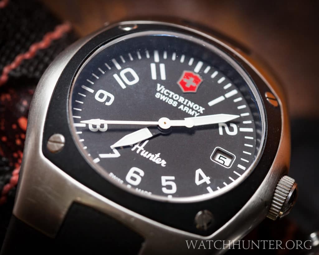 An actual Victorinox Swiss Army Hunter Mach 1 dial with white seconds hand