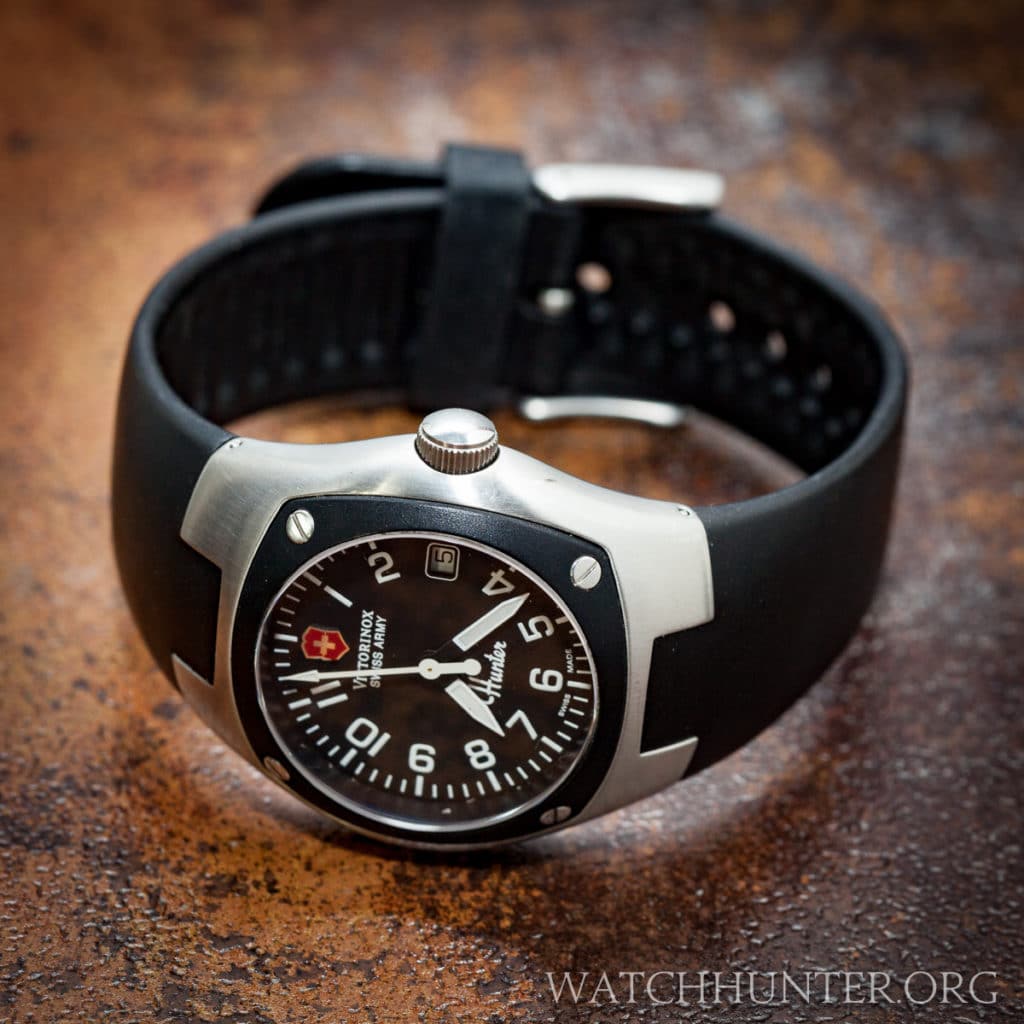 An actual Victorinox Swiss Army Hunter Mach 1 on the integrated rubber watch band.